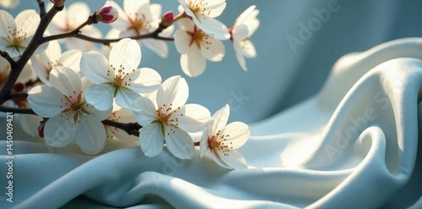 Fototapeta White blossoms on flowing silk, dramatic light and shadow play, empty space , classic, elegant