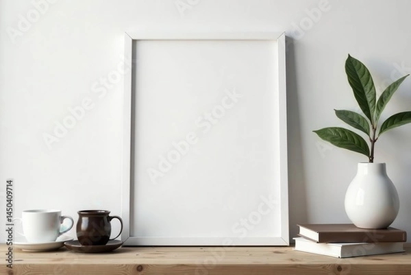 Fototapeta White frame mockup on rustic wood; coffee, books, minimalist decor, pile, wall, empty