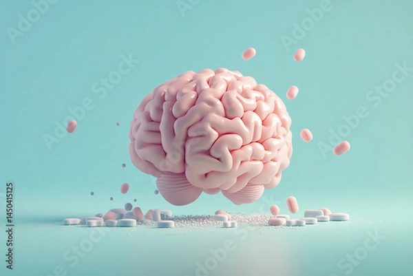 Fototapeta Pink brain model above scattered pills on teal background, illustrating medication and brain health concept Mockup free space