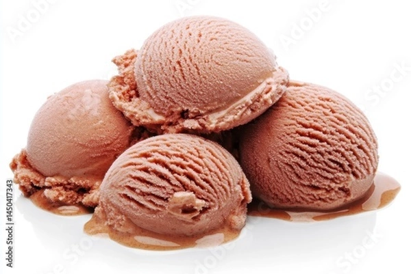 Fototapeta Delicious chocolate ice cream scoops melting on a white background, perfect for dessert visuals