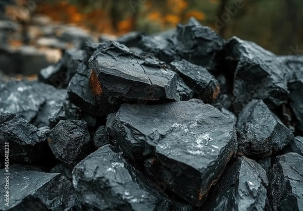 Fototapeta Close-up of black coal chunks with blurred autumn-tone trees in background.