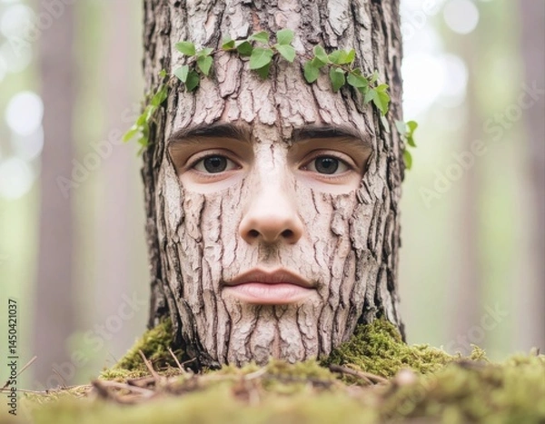 Fototapeta Creative photo of a human face fused with tree bark and surrounded by green vines, representing unity with nature and earth.