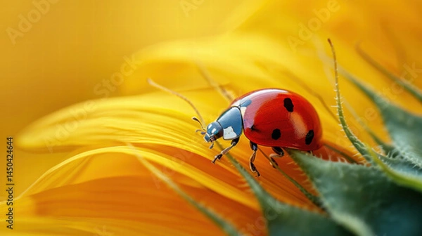 Fototapeta Macro shot of ladybug on bright yellow sunflower petal with green leaves in soft focus