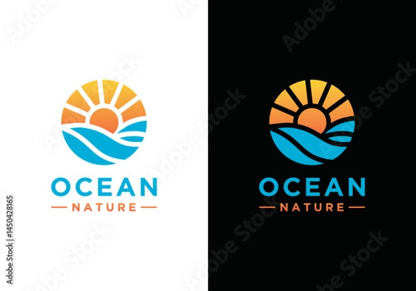 Fototapeta Ocean wave vector logo design. Simple ocean logo vector with sunrise or sunset combination	