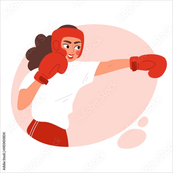 Fototapeta Young lady in boxing helmet and gloves ready for training. Flat vector illustration