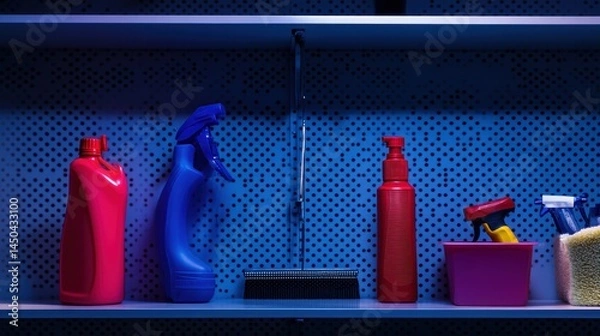 Obraz Colorful Cleaning Supplies on Shelf with Unique Blue Background