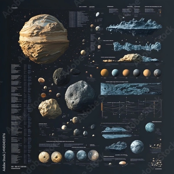 Obraz Detailed illustration of celestial bodies, planets, asteroids, and space debris, complete with accompanying data.  Different sizes and textures of cosmic objects displayed