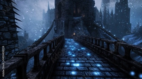 Fototapeta A castle bridge spanning a glowing, mist filled chasm leading to a majestic stone fortress Enigmatic scene of a bridge crossing radiant mist toward a towering stone castle 
