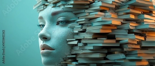 Obraz Stylized woman s face and a towering pile of books, symbolizing the pursuit of knowledge and educational importance, AIgenerated visual, highquality and inspiring, 8K