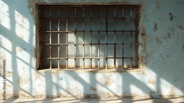 Fototapeta The decaying window with rusty bars shows a play of light and shadow on an aged wall.