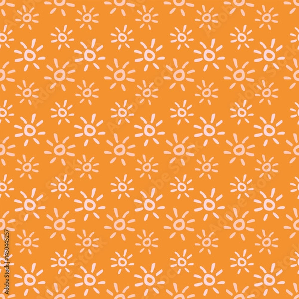 Fototapeta Vibrant fall sunshine seamless nursery pattern. Naive illustration of summer sky in hand drawn playful style for childrens nursery backdrops, wallpaper. 