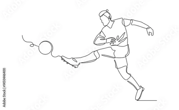 Obraz Continuous line drawing of football player kicking ball. Single one line art of young man soccer player dribbling and juggling ball. Editable stroke vector illustration