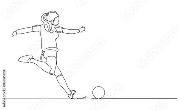 Obraz Continuous line drawing of football player kicking ball. Single one line art of young woman soccer player dribbling and juggling ball. Editable stroke vector illustration