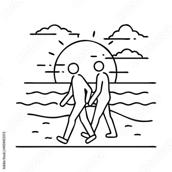 Fototapeta sunset walk on the beach icon, sunset walk on the beach line art - simple line art of sunset walk on the beach, perfect for sunset walk on the beach logos and icons