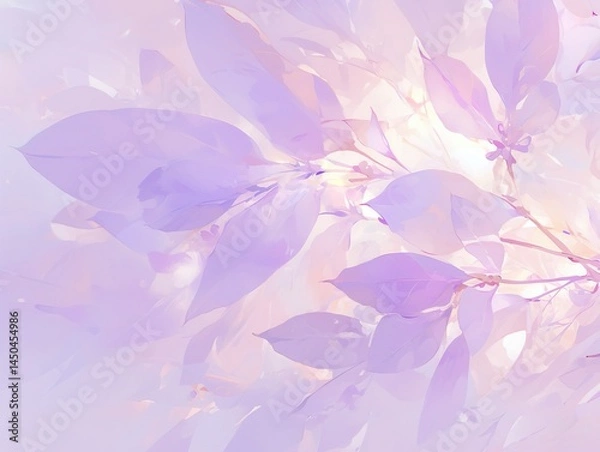 Fototapeta Soft botanical background featuring luminous translucent purple leaves backlit by warm yellow light, creating a dreamy, ethereal atmosphere. 