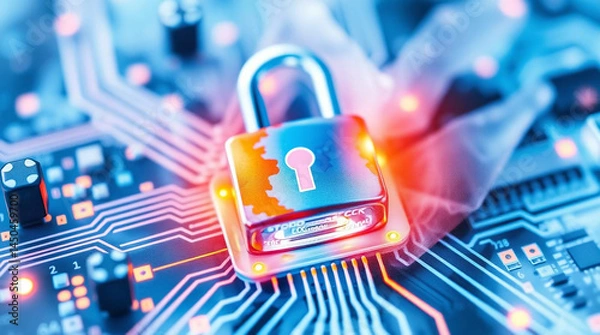 Fototapeta Padlock on electronic circuit board, cyber security concept. 3d rendering