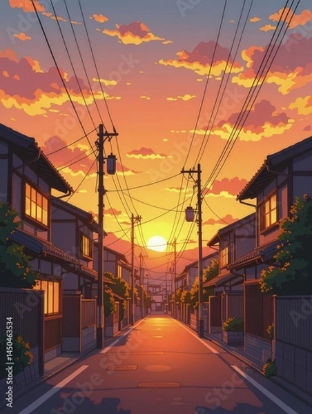 Obraz Serene Sunset Over Japanese Street With Traditional Houses Generative AI