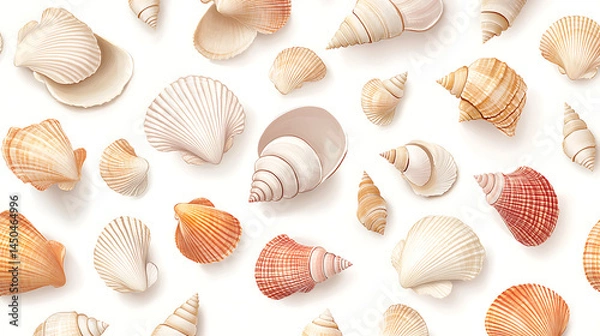 Fototapeta watercolor seamless pattern with sea shells spiral conch clam underwater ocean elements for summer beach, coastal design