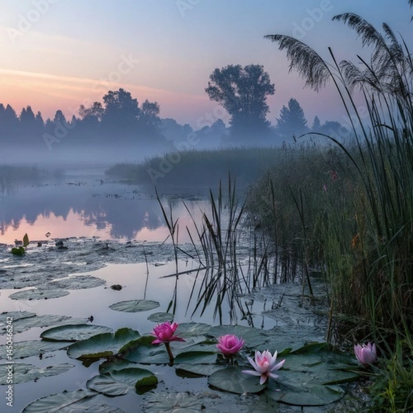 Obraz Serene Lakeside Landscape With Rushes and Water Lilies at Dusk Generative AI