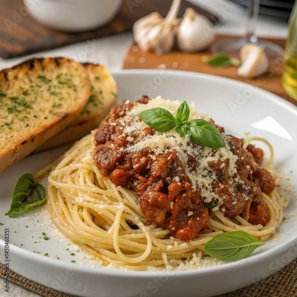 Obraz Delicious Spaghetti Bolognese With Garlic Bread on a Table Generative AI