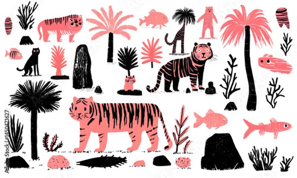 Fototapeta Retro hand drawn flat graphic doodle tropical summer nature and animals vector set. Tiger, monkey, rocks, fish, palm, leaf, flower.