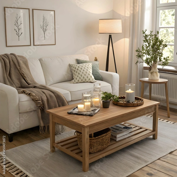 Fototapeta a light fabric sofa and a wooden coffee table wit