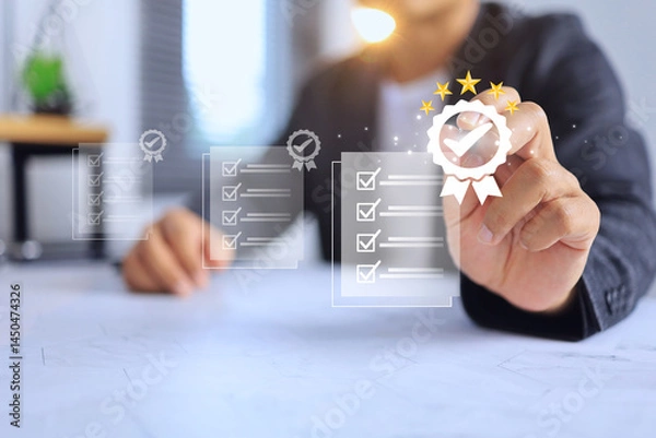 Fototapeta hand writing to approved certification with check mark on the document means that it has been certified to a quality standard or has passed an audit according to industry standards