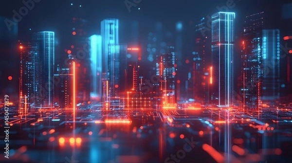 Obraz Futuristic city, digitally rendered, with glowing, interconnected structures, vibrant colors, and intricate patterns. 