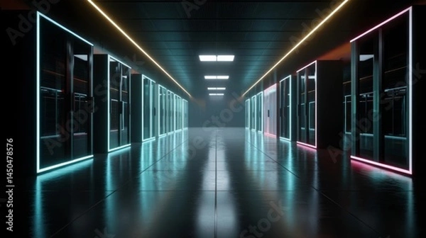 Obraz Futuristic data center corridor with neon-lit server cabinets reflecting on polished floor