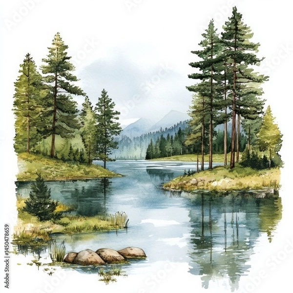 Fototapeta Serene Reflection of Pine Trees Over a Lake in Nature watercolor style on white background