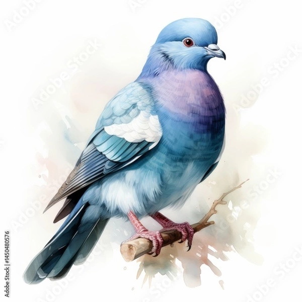 Fototapeta Blue Pigeon perching on a Branch watercolor style on white background