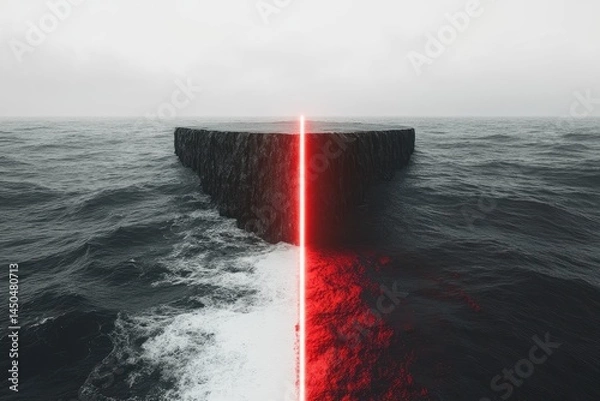 Fototapeta A dark, rocky isle floats in a stormy sea, bisected by a vibrant red laser beam