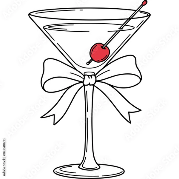 Fototapeta Martini glass with cherry and bow illustration in black and white line art style for holiday celebration. Cocktail glass with olive and ribbon drawing for party decoration in minimalist design