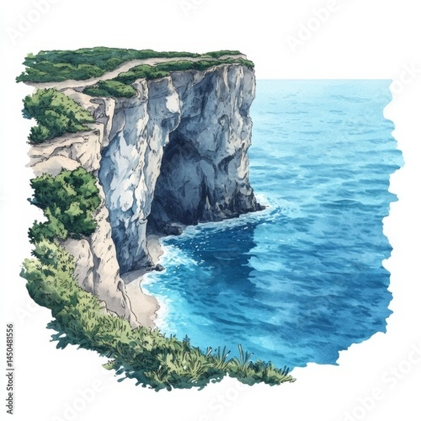 Fototapeta Cliffside View of the Serene Ocean Coastal Landscape watercolor style on white background