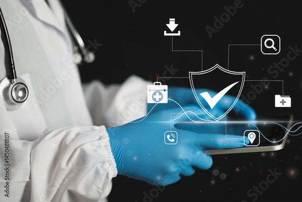 Fototapeta Health Insurance Concept, Doctor work with Digital Healthcare AI App, Advanced Health care Analytics, Software, Lab Solutions for Medical Professionals in Modern Hospitals with Cutting Edge Technology