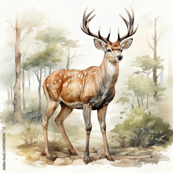 Fototapeta Majestic Deer in Serene Forest watercolor style on white background
