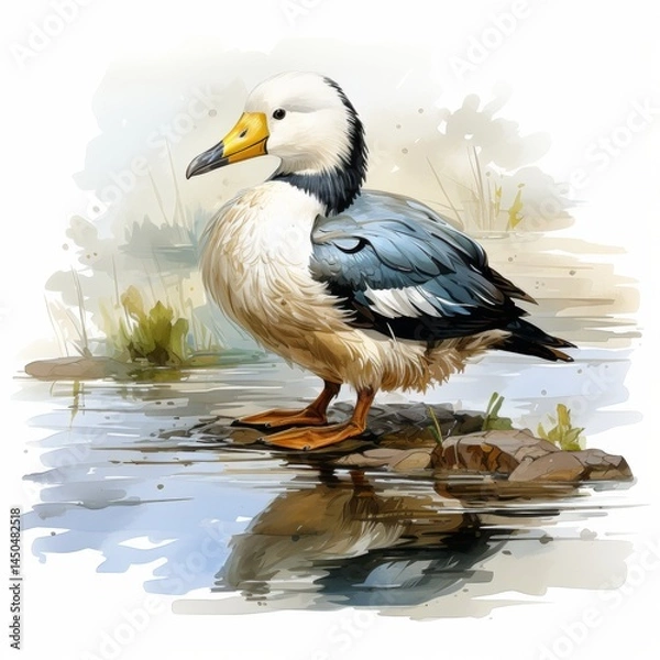 Fototapeta Swimming Duck in Wetland watercolor style on white background