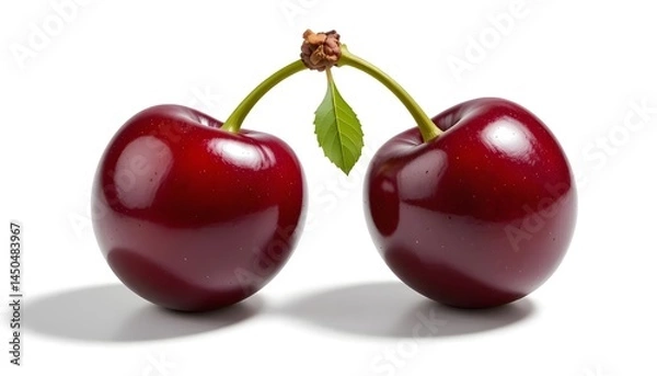 Obraz Two ripe red cherries, a sweet and juicy fruit with a green stem, are isolated on a white background