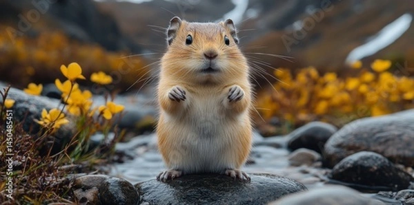 Fototapeta Curious Lemming Observing Nature Mountain Stream Wildlife Photography Autumn Landscape Close-Up Animal Behavior