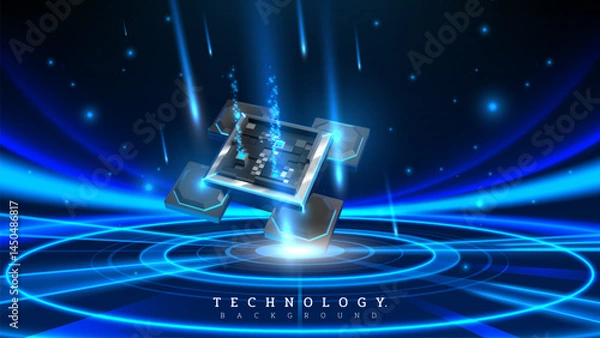Obraz Futuristic technology background with microchip and digital processor with cyber circuit design with soft blue neon effect decoration on dark scene. Vector illustration.