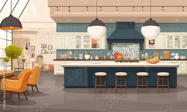 Obraz Modern open-plan kitchen, breakfast area, interior design, contemporary style, showcasing spaciousness and functionality