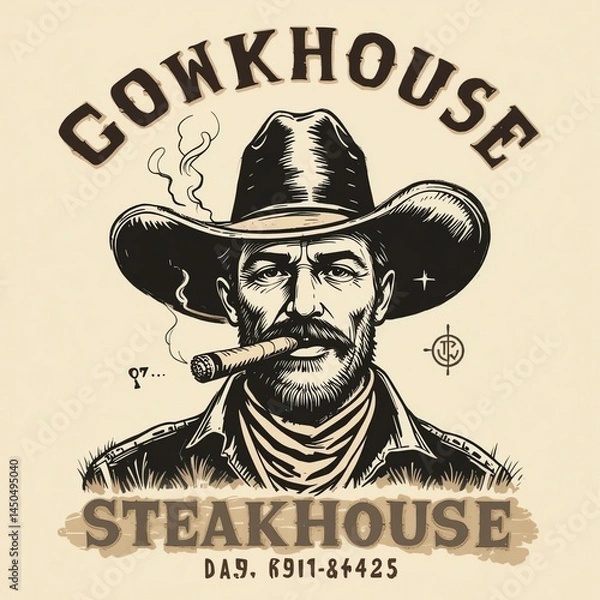 Fototapeta Vintage steakhouse illustration featuring a rugged cowboy with a cigar. Perfect for branding, restaurant menus, and culinary promotions.