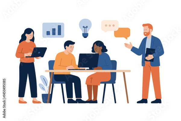 Fototapeta Group of professionals collaborating in a modern office space during a brainstorming session