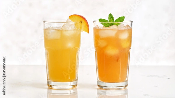 Fototapeta Summer cold peach fizz cocktail or iced tea with mint. Two glasses with peach lemonade on white background. Summer refreshing drink recipe. Homemade fruit tea with ice. Restaurant menu. Copy space