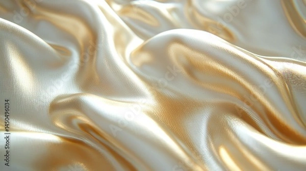 Fototapeta Golden silk fabric drapes, studio shot, soft light, background blur, textile design