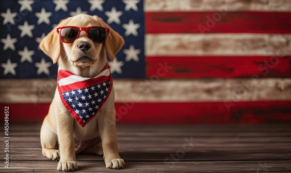 Obraz Cute puppy wearing sunglasses and American flag bandana in front of USA flag background.