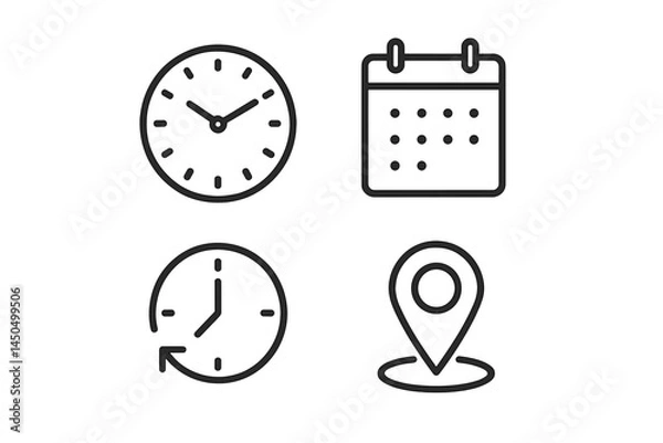 Fototapeta Flat vector illustration showing essential time and location icons for scheduling and planning activities effectively
