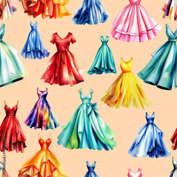 Fototapeta evening dresses, fancy dresses, wardrobe items, women's clothing. seamless texture, pattern, illustration. artificial intelligence generator, AI, neural network image. background for the design