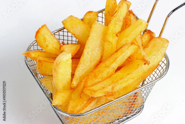 Obraz Homemade fries cooked and placed in a small individual metal basket on a white background, crisp and tasty presentation