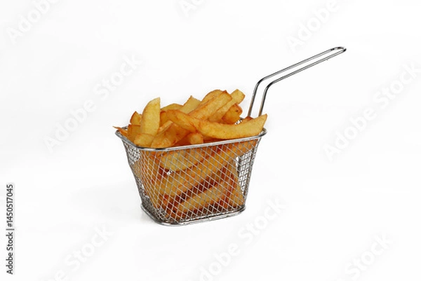 Obraz Homemade fries cooked and placed in a small individual metal basket on a white background, crisp and tasty presentation